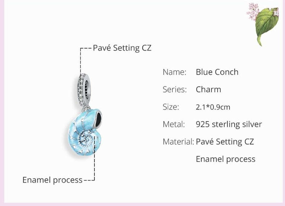 Silver Blue Conch Shell Charm For Bracelet
