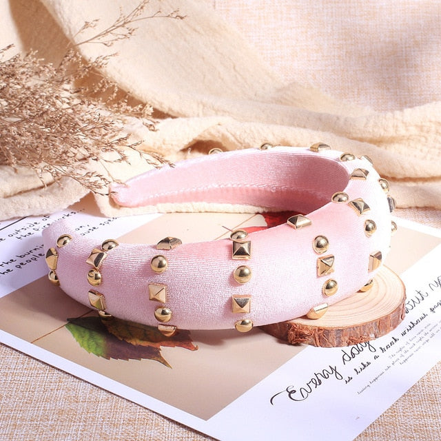 Hair Accessories Padded Velvet Headband Wide Solid Pearl Hairband
