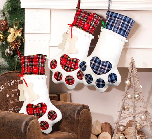 Plaid Christmas Stocking Hanging Dog Large Paw