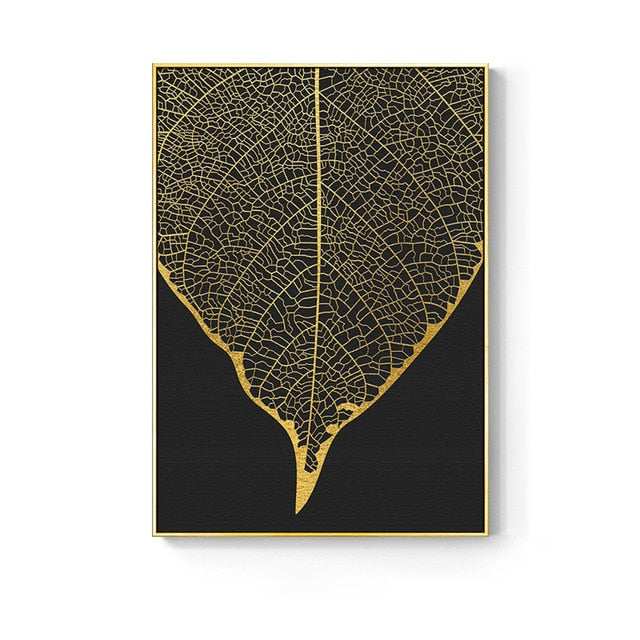 Nordic Golden Abstract Leaf Wall Art Canvas