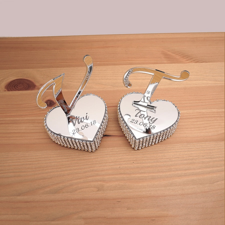 2 PC Personalized Mirror Heart Standing Letter Diamond
