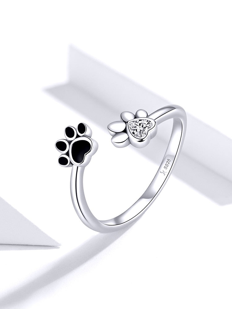 Dog Paw Sterling Silver 925 Black Enamel Adjustable Ring