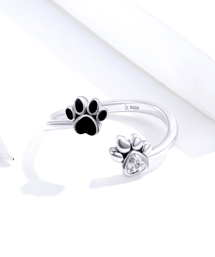 Dog Paw Sterling Silver 925 Black Enamel Adjustable Ring