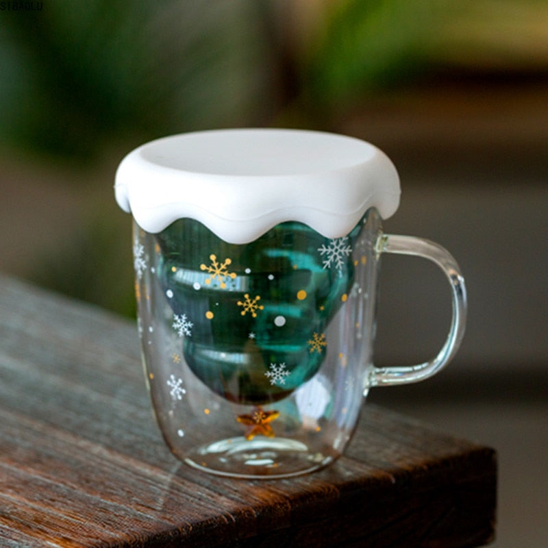 Christmas Tree Mug Double Wall Glass Coffee Cup