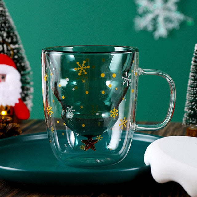 Christmas Tree Mug Double Wall Glass Coffee Cup