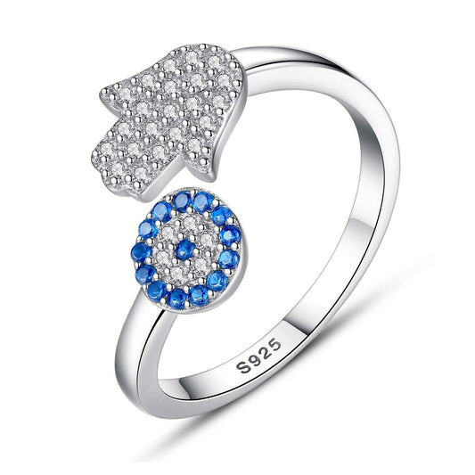Blue Evil Eye Hamsa Hand 925 Sterling Silver Adjustable Ring