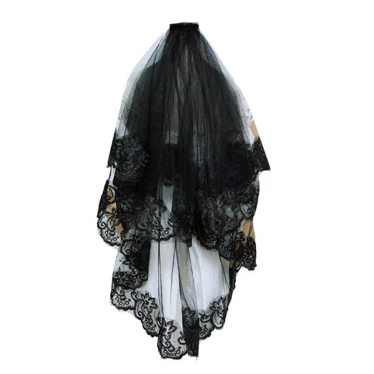 One Layer Black Wedding Embroidery Floral Lace Veil