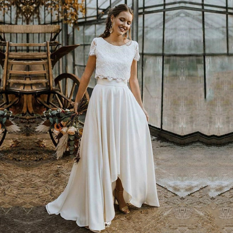 Bohemian Two Piece Lace Skirt Top Short Sleeve Bridal Gown
