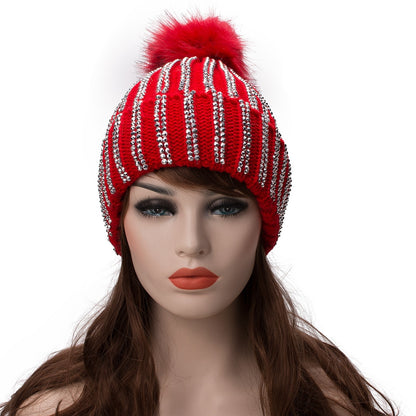 Winter Hats Faux Fur Pom Pom Rhinestone Beanies