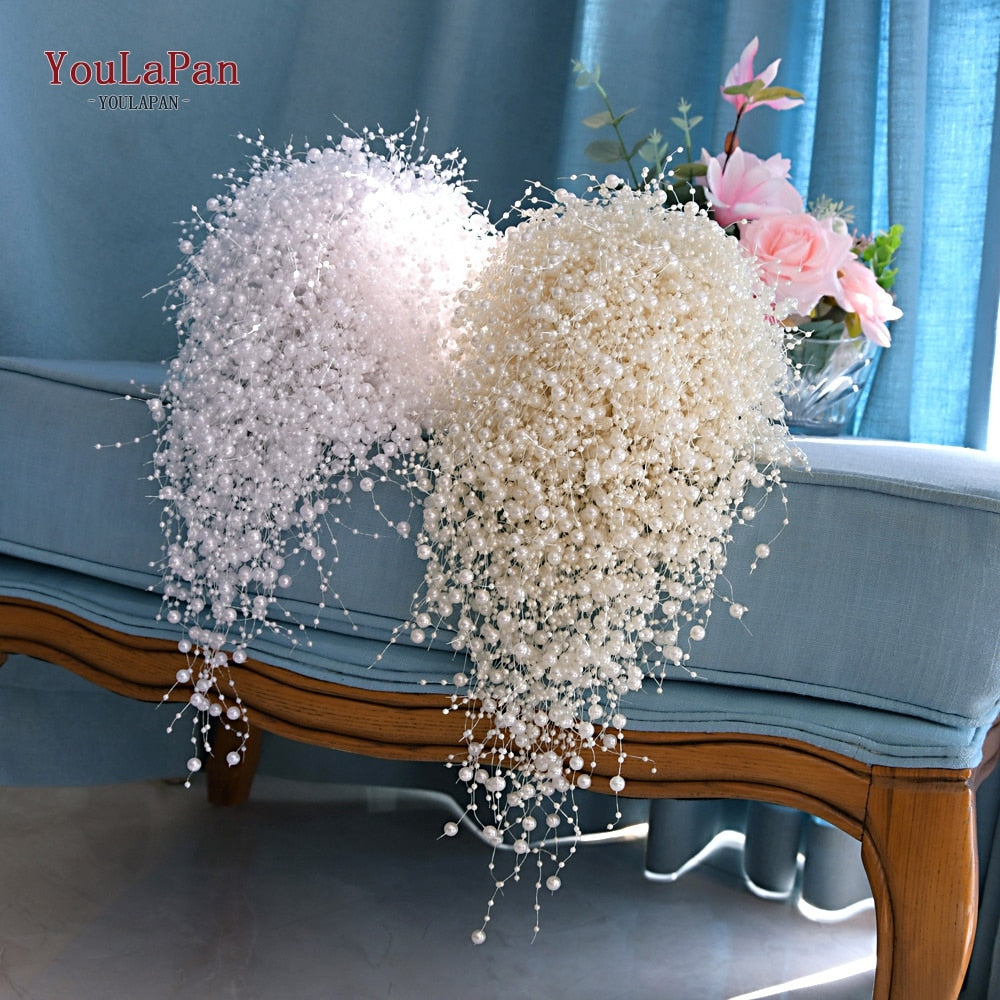 Pearls Ivory White Wedding Waterfall Bouquet