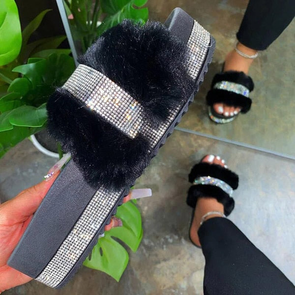 Luxury Women Fur Platform Rhinestone Slippers