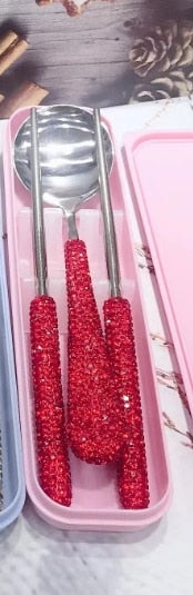 Rhinestones Chopsticks Spoon Silverware Set