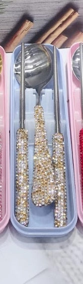 Rhinestones Chopsticks Spoon Silverware Set
