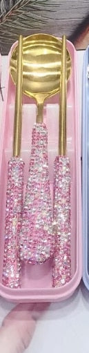 Rhinestones Chopsticks Spoon Silverware Set