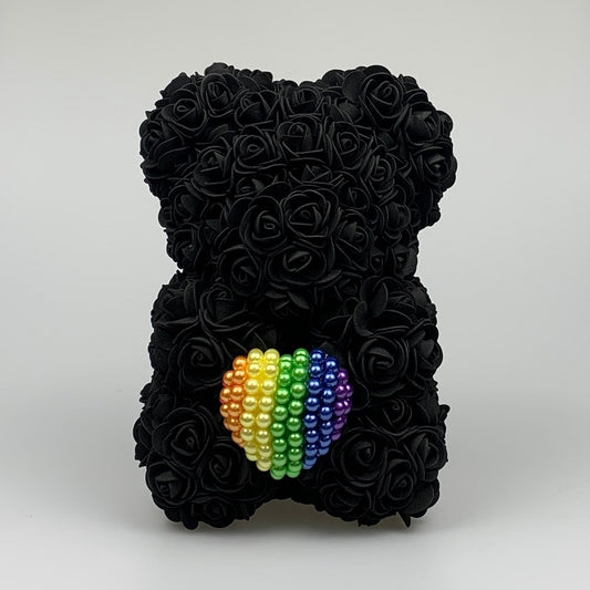 Black 25cm Rose Bear with Rainbow Pearl Heart