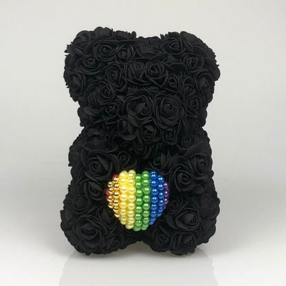 Black 25cm Rose Bear with Rainbow Pearl Heart