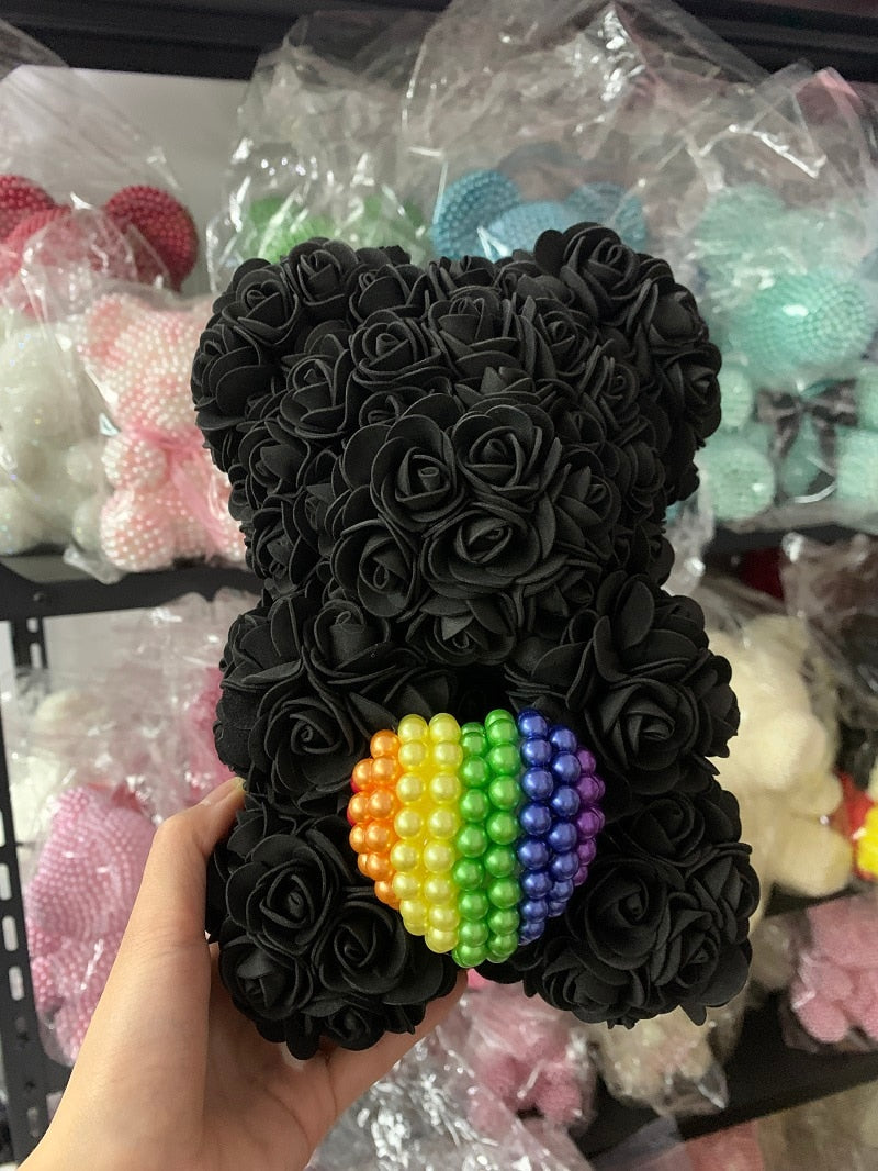 Black 25cm Rose Bear with Rainbow Pearl Heart