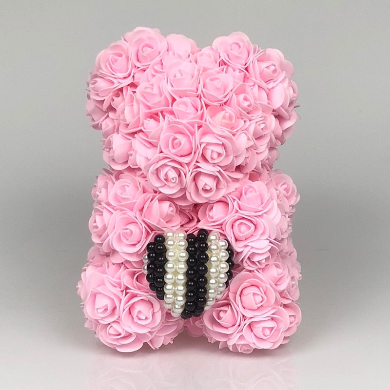 Black 25cm Rose Bear with Rainbow Pearl Heart