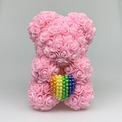 Black 25cm Rose Bear with Rainbow Pearl Heart