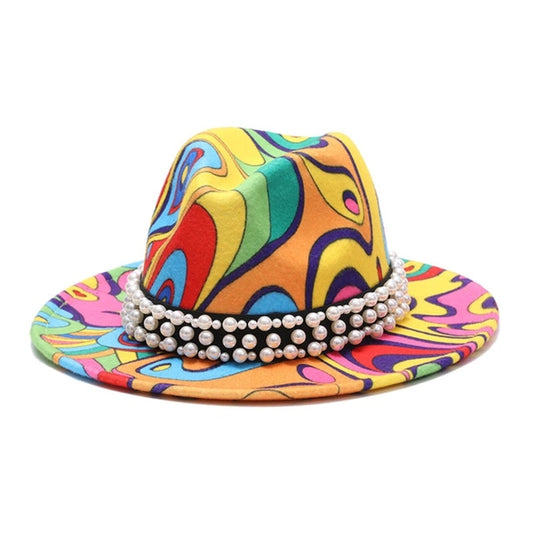 Colorful Tie Dye Wool Fedora with Pearls