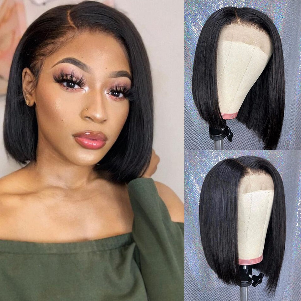 Short Bob Black Straight Lace Closure Wigs