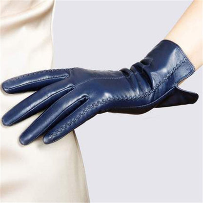 Elegant Womens Genuine Lambskin Leather Gloves Plus Velvet Thermal Blue Brown Purple