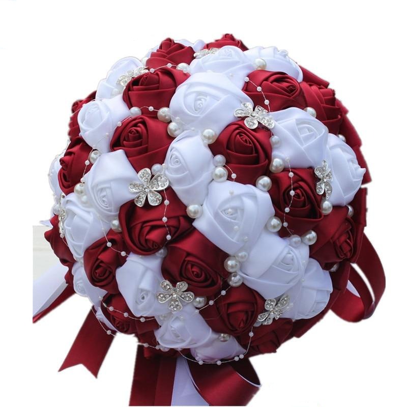 Burgundy Red White Crystal Bridal Rose Bouquet