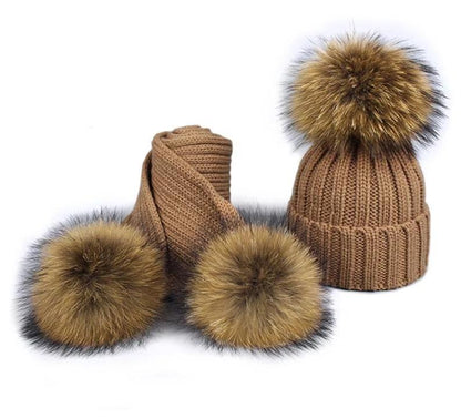 Childrens Pom Pom Beanie Fur Hat Scarf Set Winter Skullies