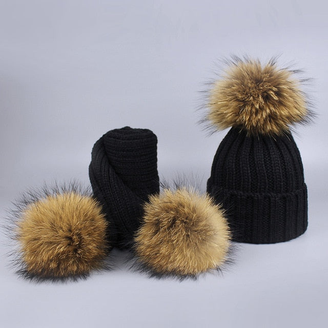 Childrens Pom Pom Beanie Fur Hat Scarf Set Winter Skullies