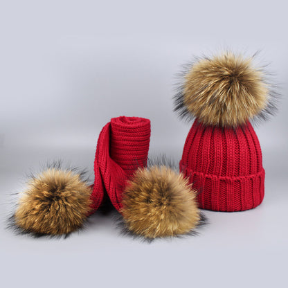 Childrens Pom Pom Beanie Fur Hat Scarf Set Winter Skullies