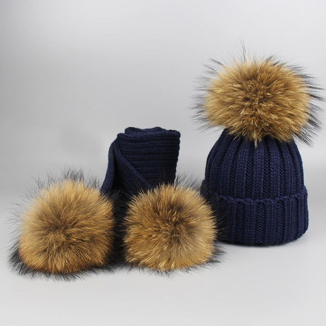 Childrens Pom Pom Beanie Fur Hat Scarf Set Winter Skullies