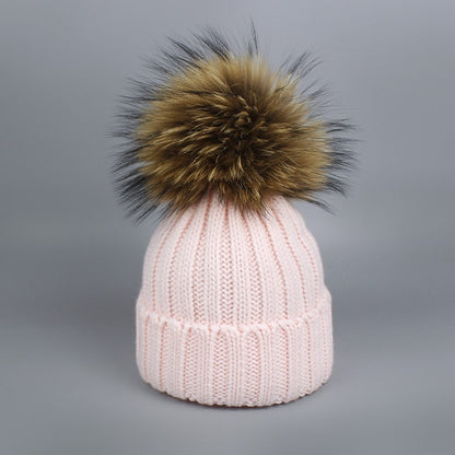 Childrens Pom Pom Beanie Fur Hat Scarf Set Winter Skullies