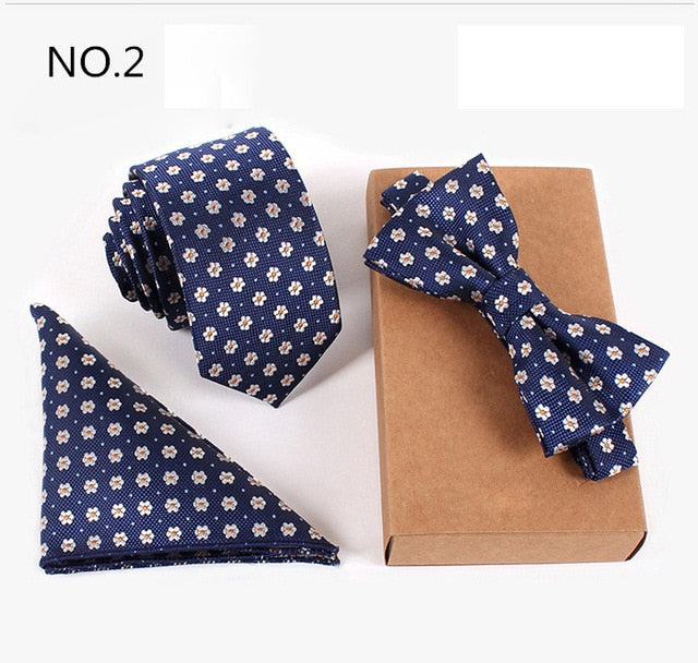 Mens Slim Tie Dot Floral Bowtie  And 6cm Blue Necktie