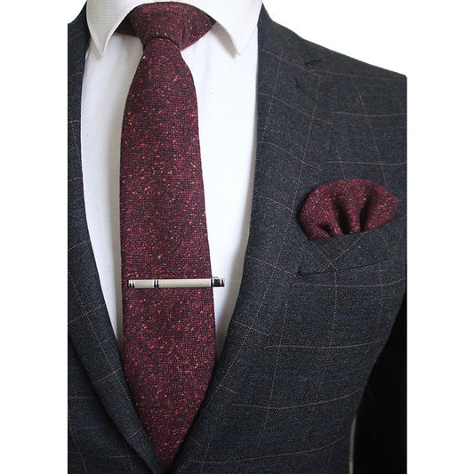 8 CM Men Wool Necktie With Handkerchief Clip Plaid Solid Styles