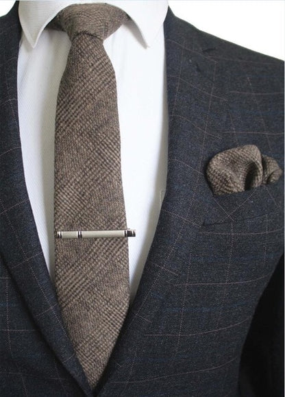 8 CM Men Wool Necktie With Handkerchief Clip Plaid Solid Styles