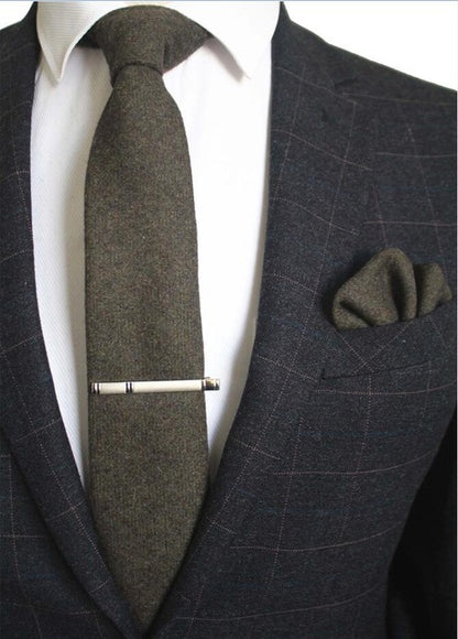 8 CM Men Wool Necktie With Handkerchief Clip Plaid Solid Styles
