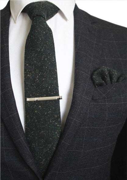 8 CM Men Wool Necktie With Handkerchief Clip Plaid Solid Styles