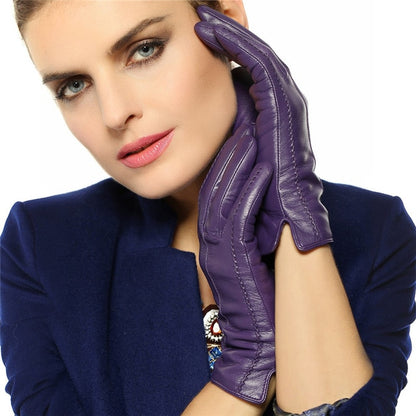 Elegant Womens Genuine Lambskin Leather Gloves Plus Velvet Thermal Blue Brown Purple