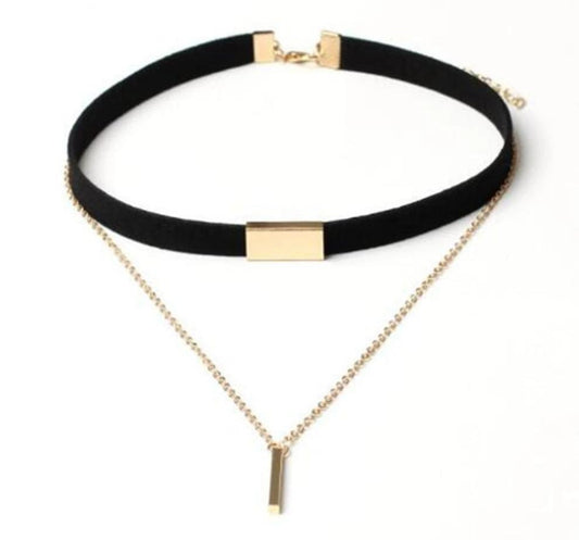 Two Layer Metal Chain Velvet Choker Necklace