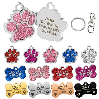 Personalized Tags Pet ID Name Collar Bone Paw Glitter