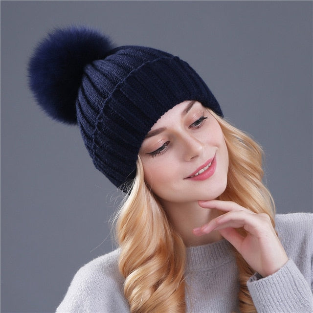 Womens Mink Fox Fur Ball Winter Hat