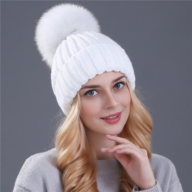 Womens Mink Fox Fur Ball Winter Hat