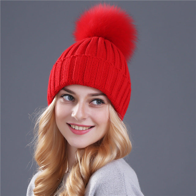 Womens Mink Fox Fur Ball Winter Hat
