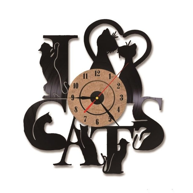 I Love Cats Record Wall Clock Vintage LED Decor