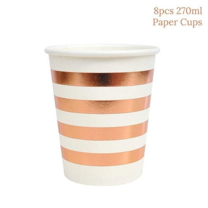 Rose Gold Disposable Tableware Cup Plate Straws Birthday Party Balloons