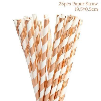 Rose Gold Disposable Tableware Cup Plate Straws Birthday Party Balloons