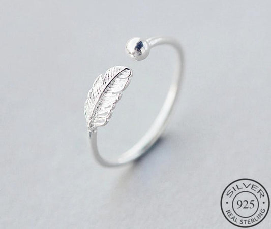 Ring 925 Sterling Silver Feather Adjustable Jewelry
