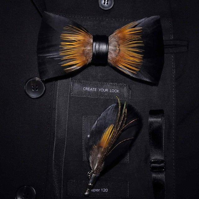 Natural Bird Feather Bowtie Gift Set