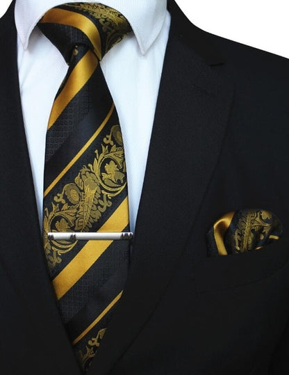 Mens Floral Tie Handkerchief Yellow Striped Necktie Pocket Square Clip Wedding Accessories