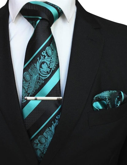 Mens Floral Tie Handkerchief Yellow Striped Necktie Pocket Square Clip Wedding Accessories
